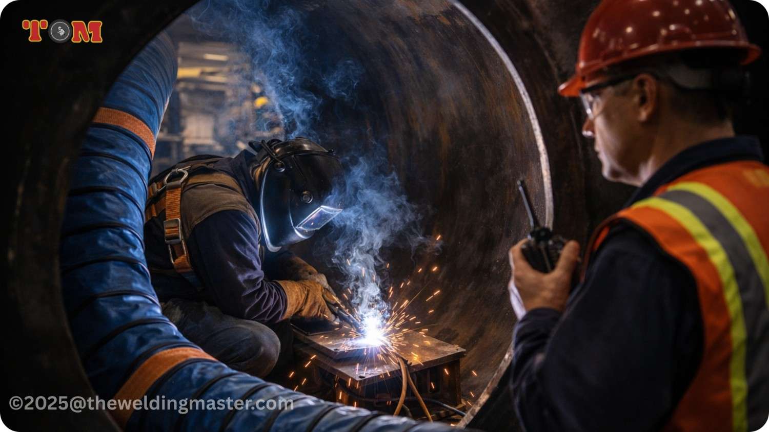 Welder performing confined space welding with ventilation and standby safety worker.