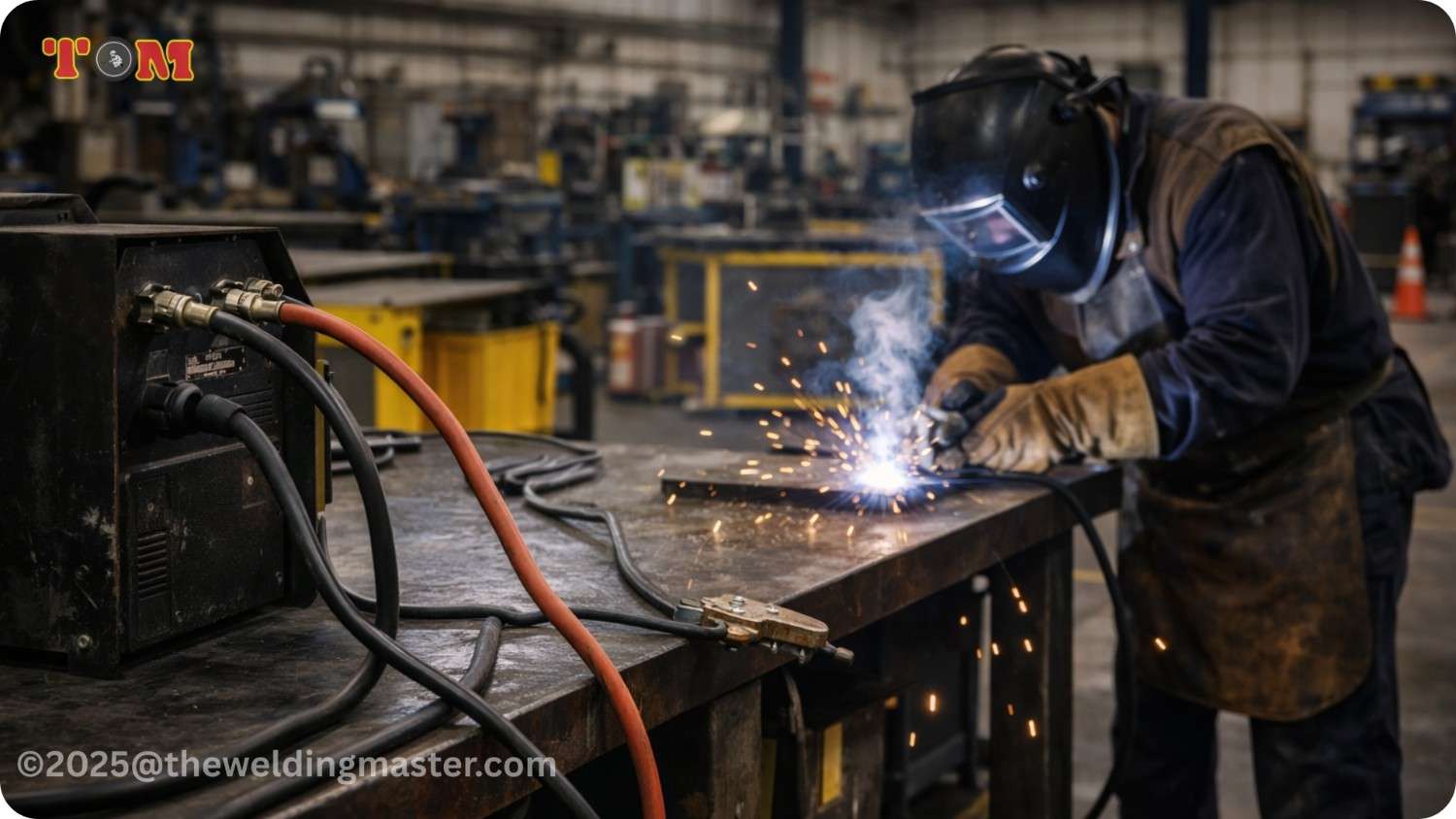 Arc welding setup with insulated cables, proper grounding, and organized electrical safety measures.