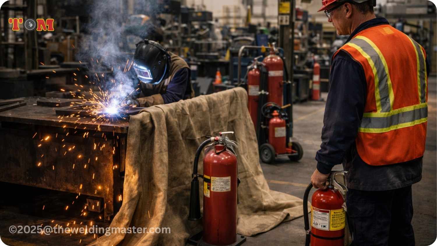 Welder working with fire-resistant blankets and fire watch ensuring welding fire safety.
