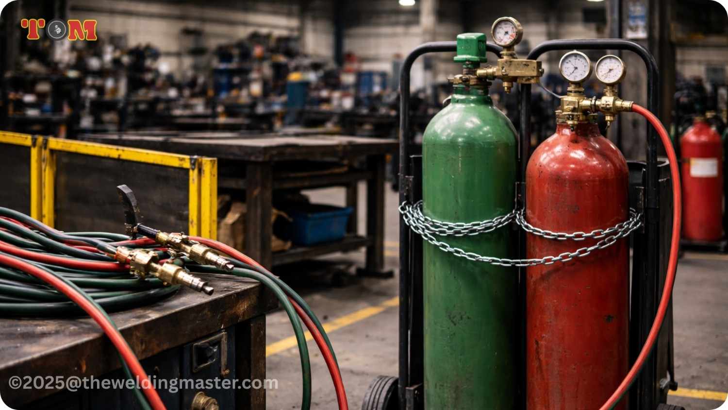 Oxygen and acetylene gas cylinders secured upright with chains in a welding workshop.