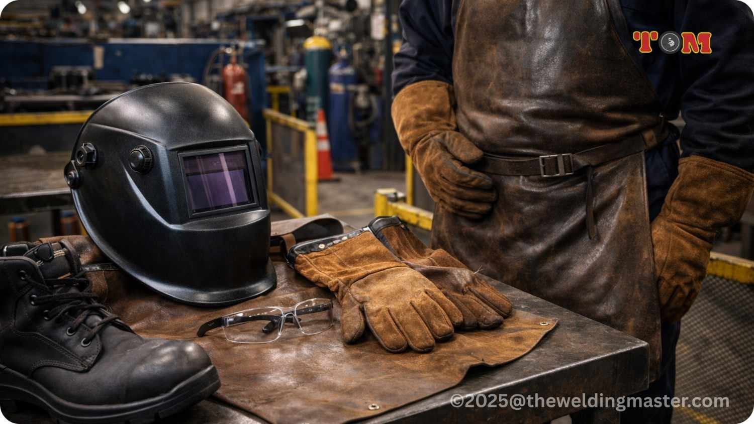 Essential welding PPE including helmet, gloves, apron, safety glasses, and steel-toe boots.