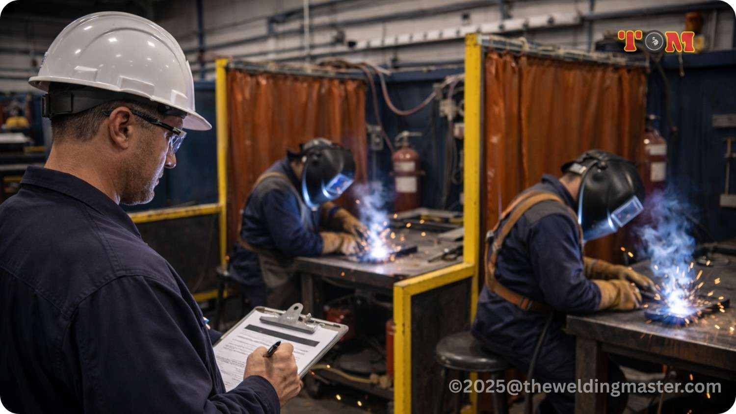 Welding instructor supervising certified welders training in professional welding booths.