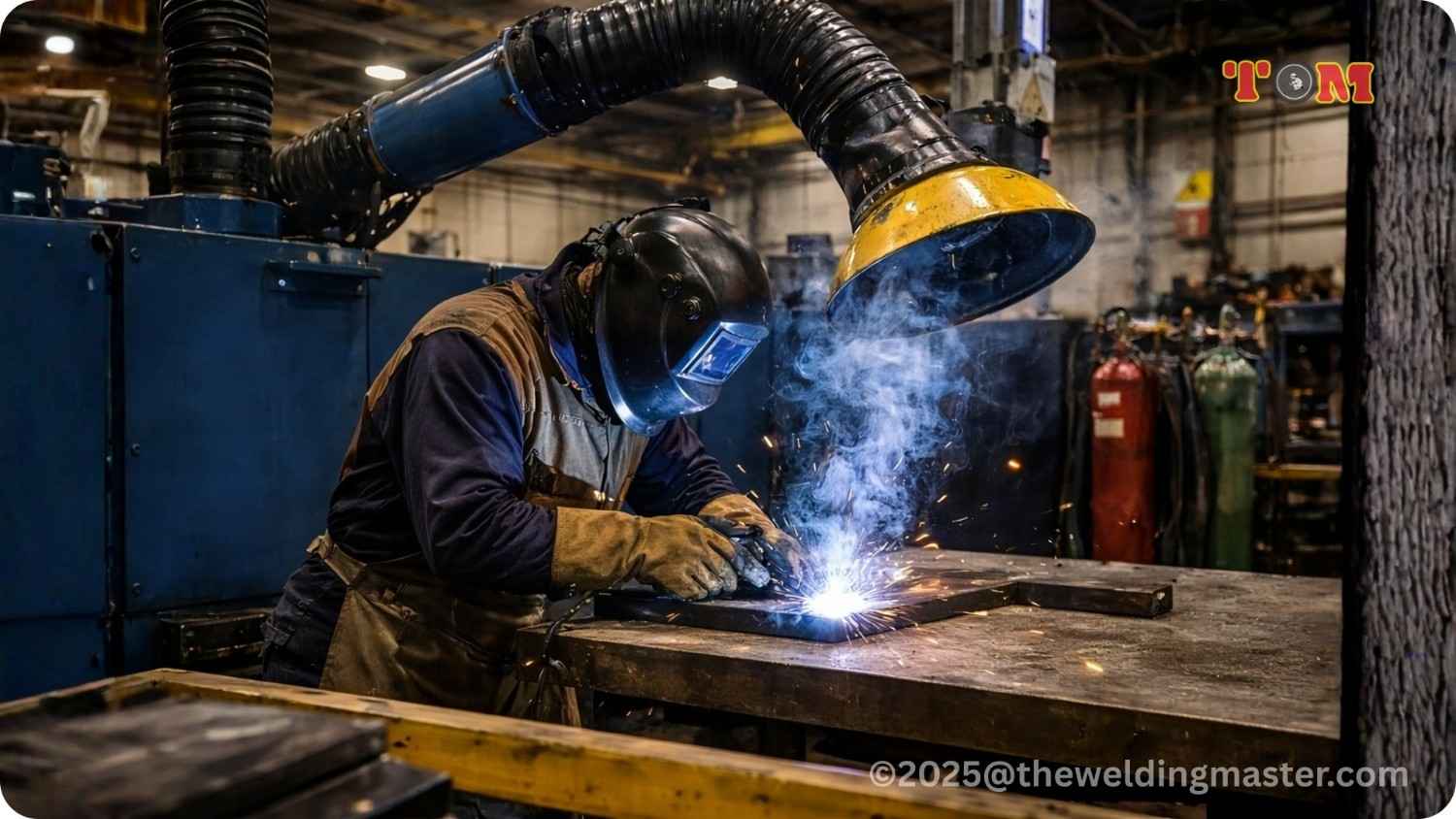 Welder using industrial fume extraction system to control welding fumes safely.