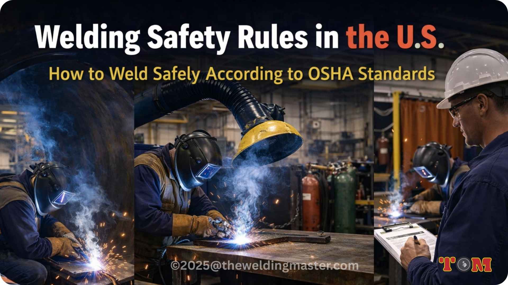 Welders following OSHA welding safety rules in the U.S. industrial workshop with PPE, fume extraction, and safety supervision.