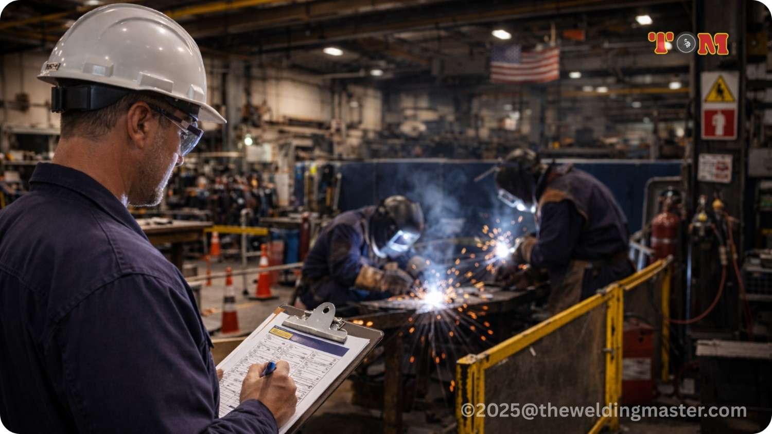 Safety supervisor inspecting welding operations in a compliant American industrial workplace.