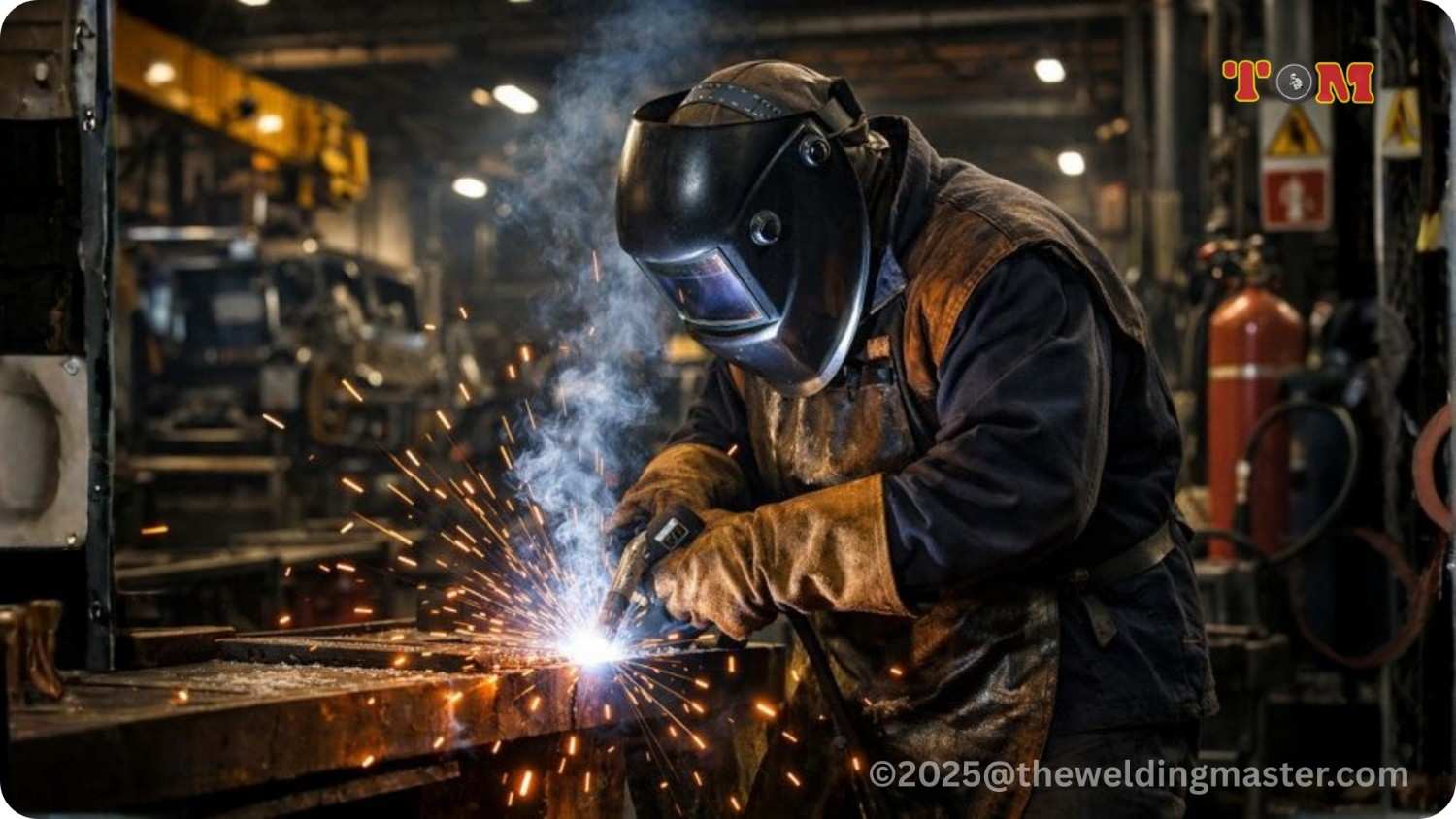 Professional welder working in a U.S. industrial workshop with intense welding sparks and full safety gear.
