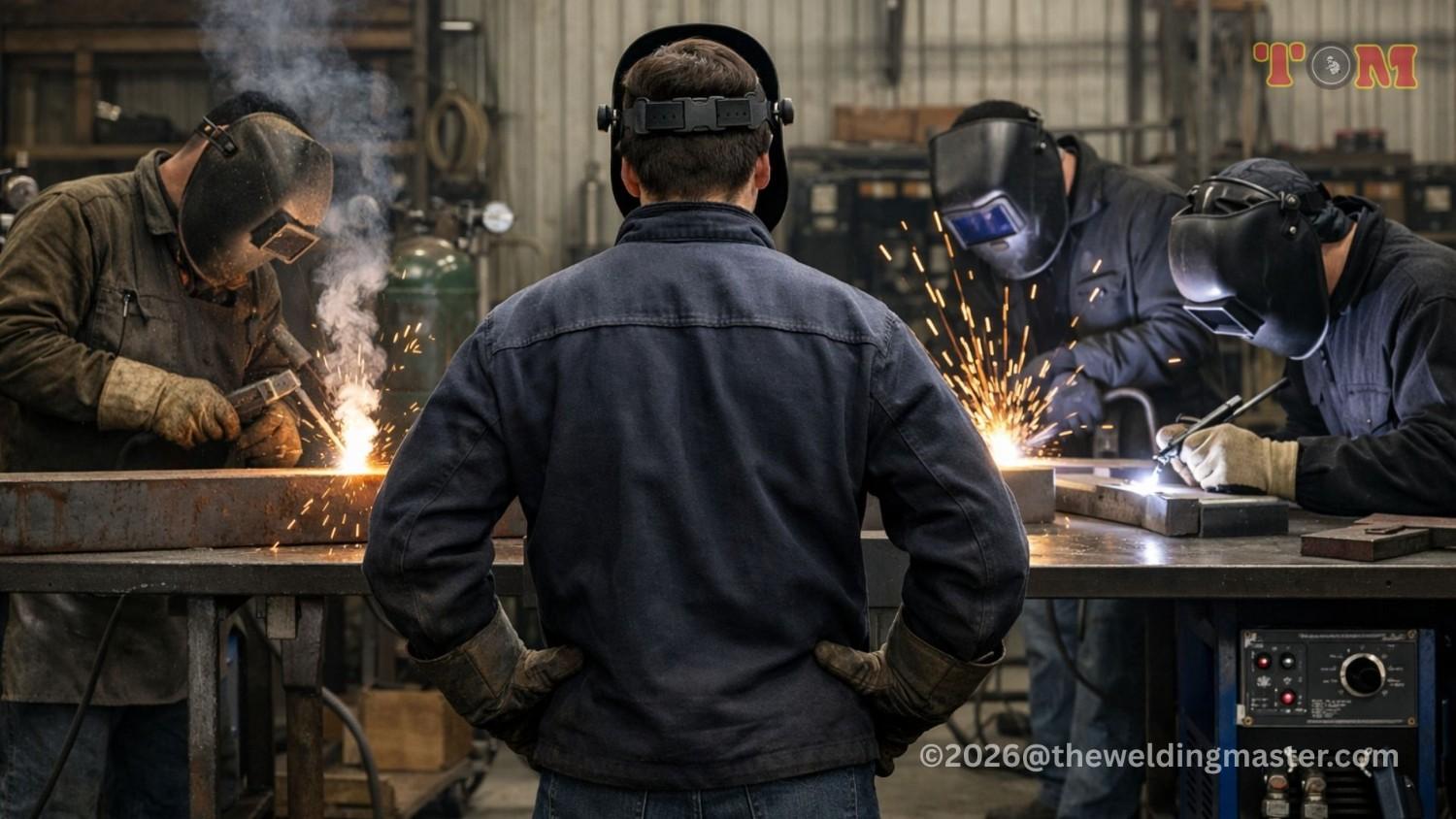 Beginner welder comparing stick, MIG, and TIG welding methods in an industrial workshop