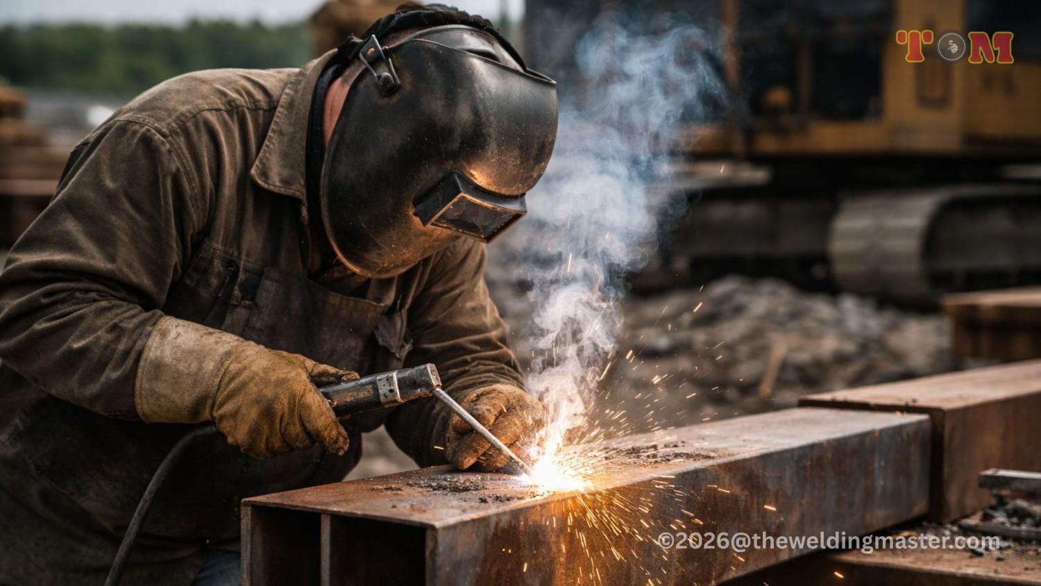 Welder performing stick welding outdoors on thick steel with visible electrode and sparks