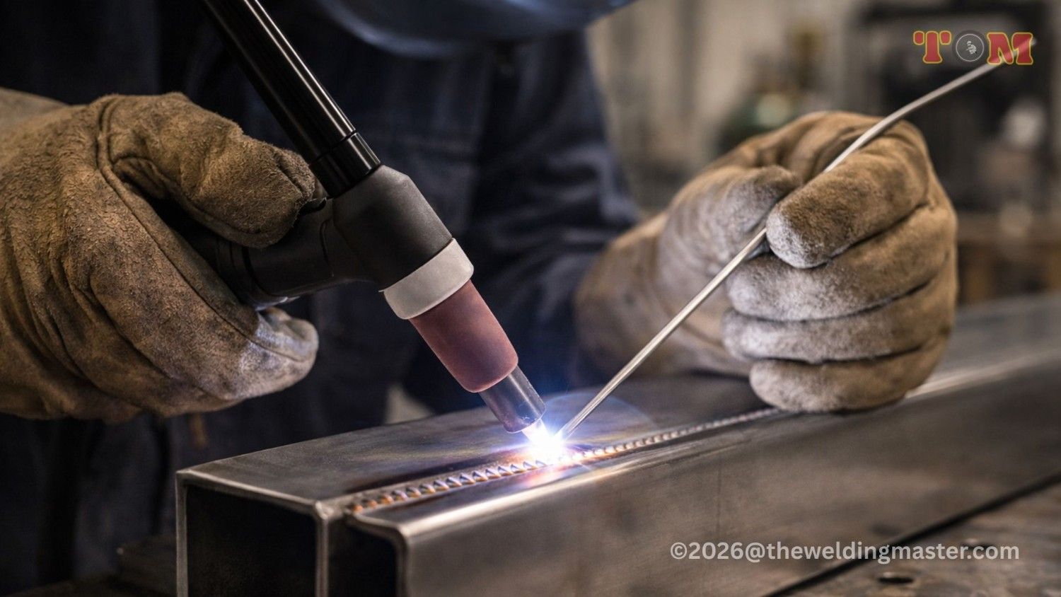 Close-up of TIG welding on stainless steel showing tungsten electrode and filler rod control
