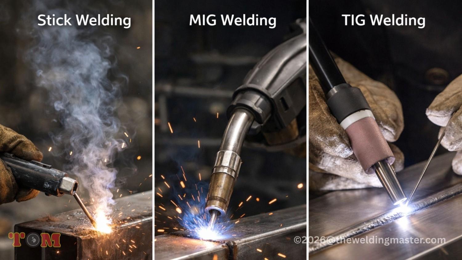 Side by side comparison of stick welding, MIG welding, and TIG welding processes in action for beginners